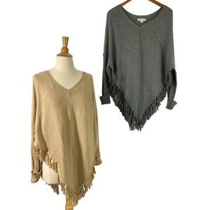 Double Zero SET OF 2 Knit Ponchos Fringe Hem Long Sleeve Tan Gray Soft Size S